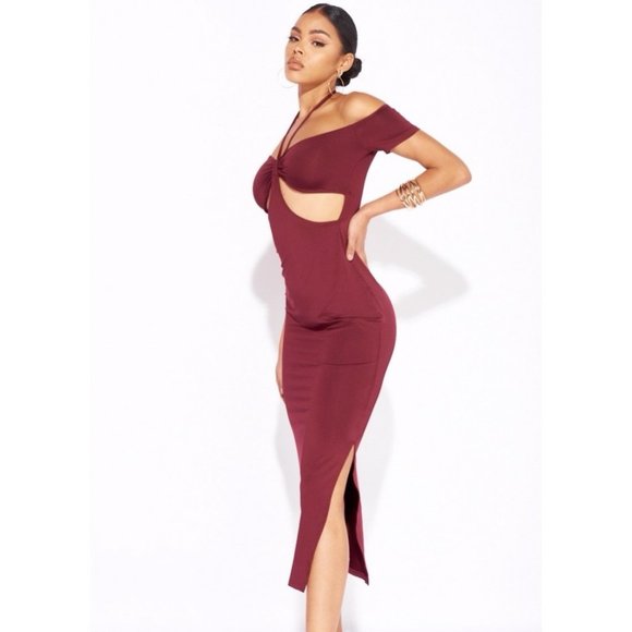Burgundy Halter Neck Off Shoulder Short Sleeve Slit Cutout Bodycon Midi Dress - Picture 3 of 13
